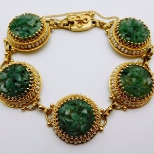 Rare CHINESE Solid 14k Yellow Gold / Carved Jade / Pearls Ladies Bracelet